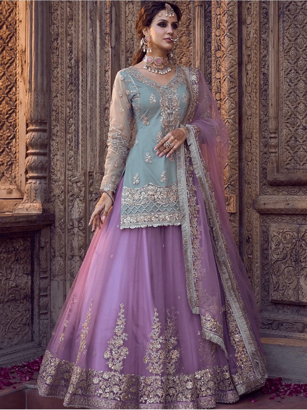 Pastel Green & Lavender Embroidered Women's Lehenga Set